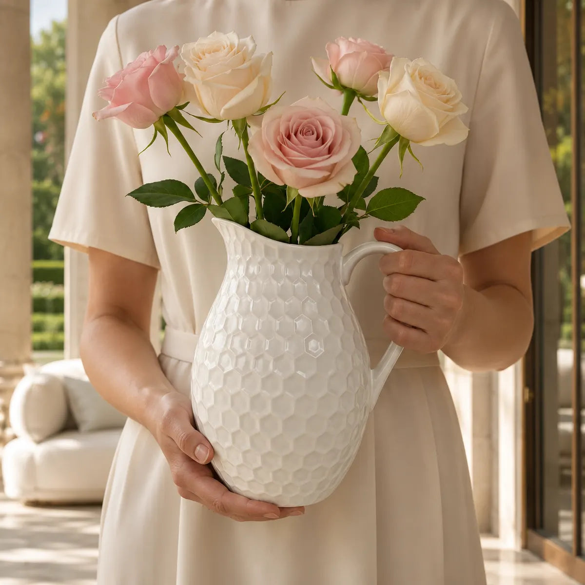 Vasemuse Honeycomb White Ceramic Pitcher Vase