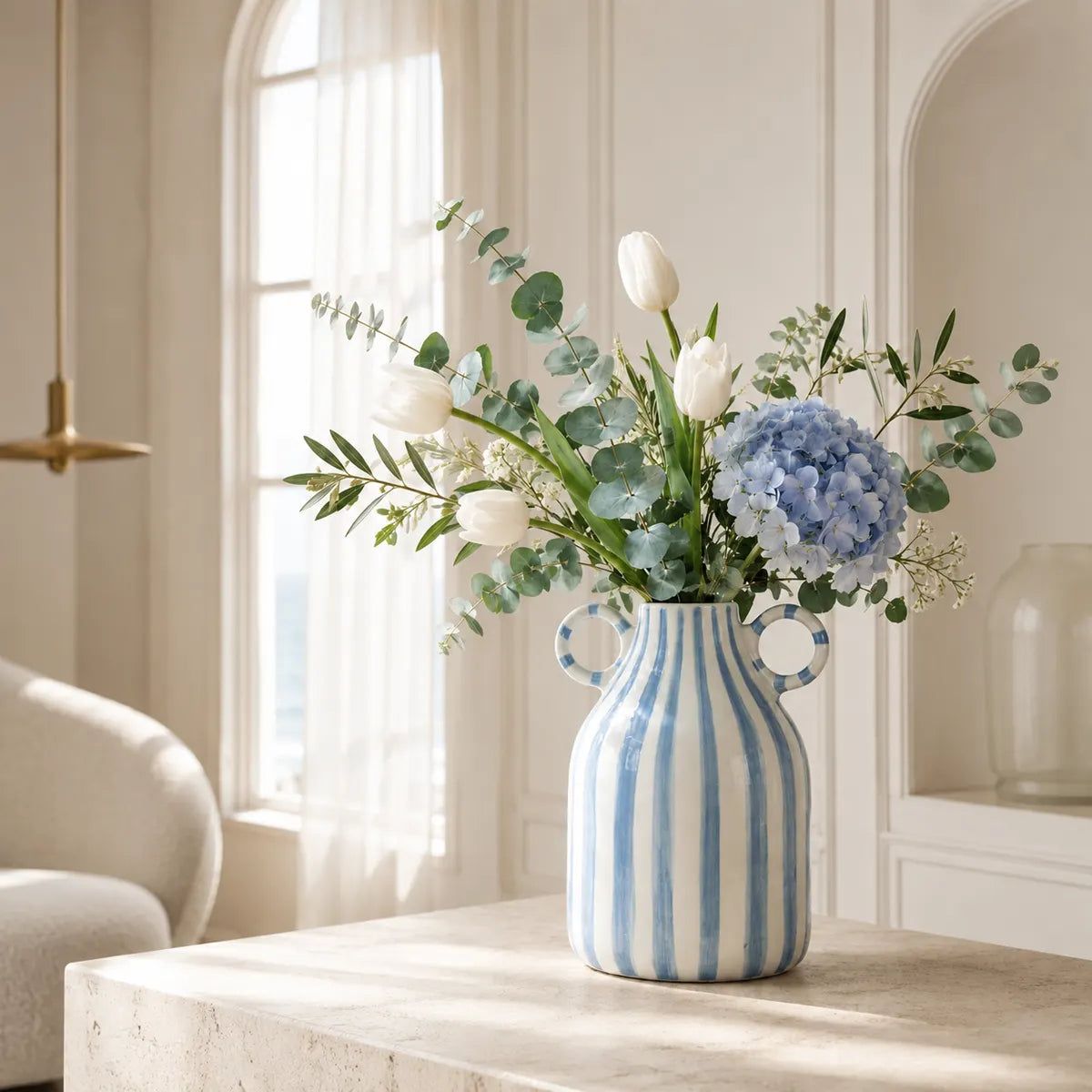 Vasemuse Blue Striped Ceramic Handle Vase