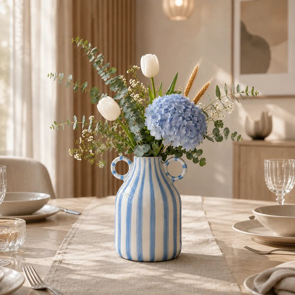 Vasemuse Blue Striped Ceramic Handle Vase
