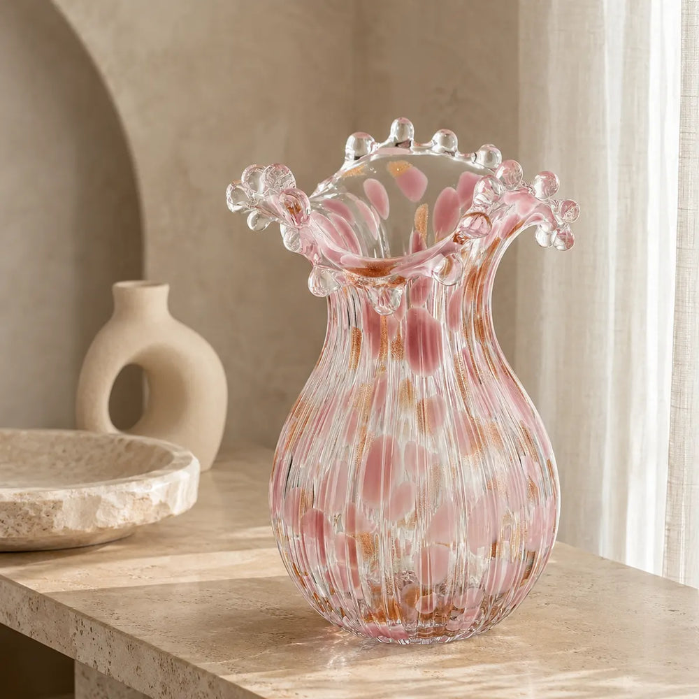 Vasemuse Pink Ruffled Art Glass Vase