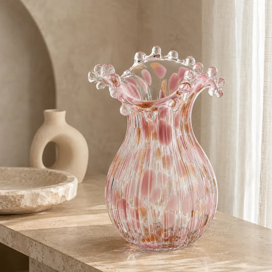 Vasemuse Pink Ruffled Art Glass Vase