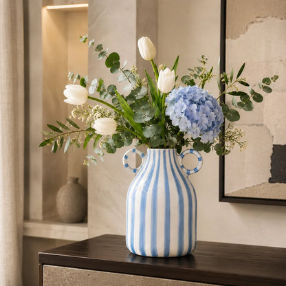 Vasemuse Blue Striped Ceramic Handle Vase