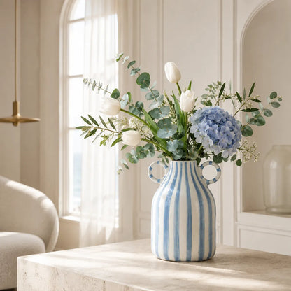 Vasemuse Blue Striped Ceramic Handle Vase