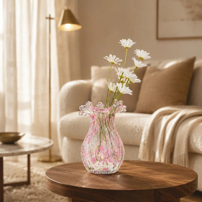 Vasemuse Pink Ruffled Art Glass Vase